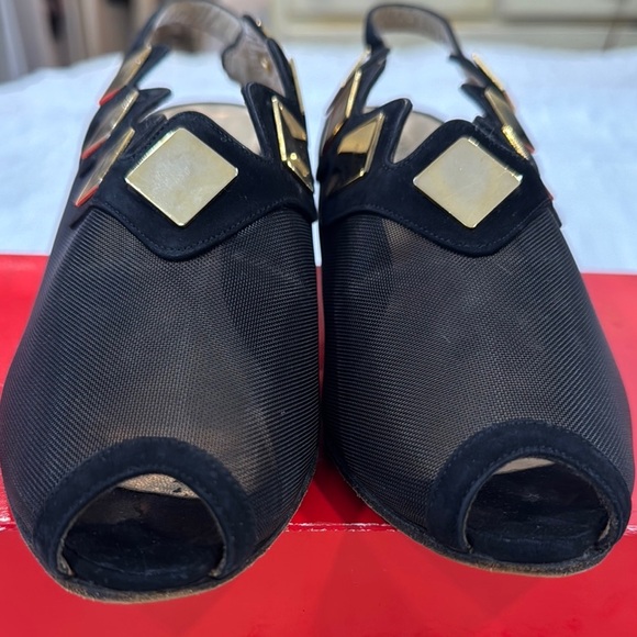Charles Jourdan Black and Gold Kitten Heel Suede Mesh Square Gold Studs Size 7.5 - Picture 6 of 10
